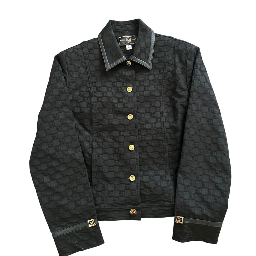 St John Sport Marie Gray Black Monogram Logo Jacket Leather Trim Gold Buttons S